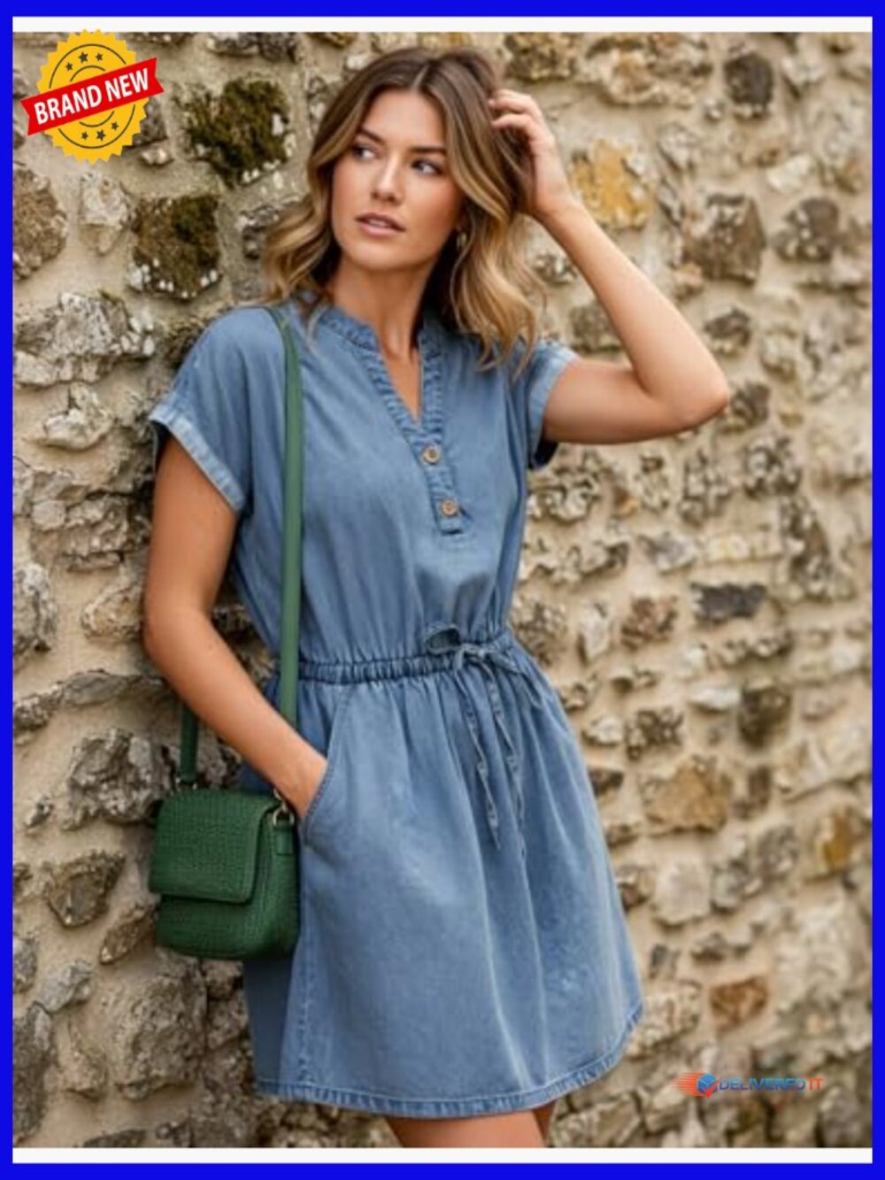 Short Sleeve Notch V Neck Button Tie Waist A Line Denim Mini Dress with Pockets - Picture 5 of 7